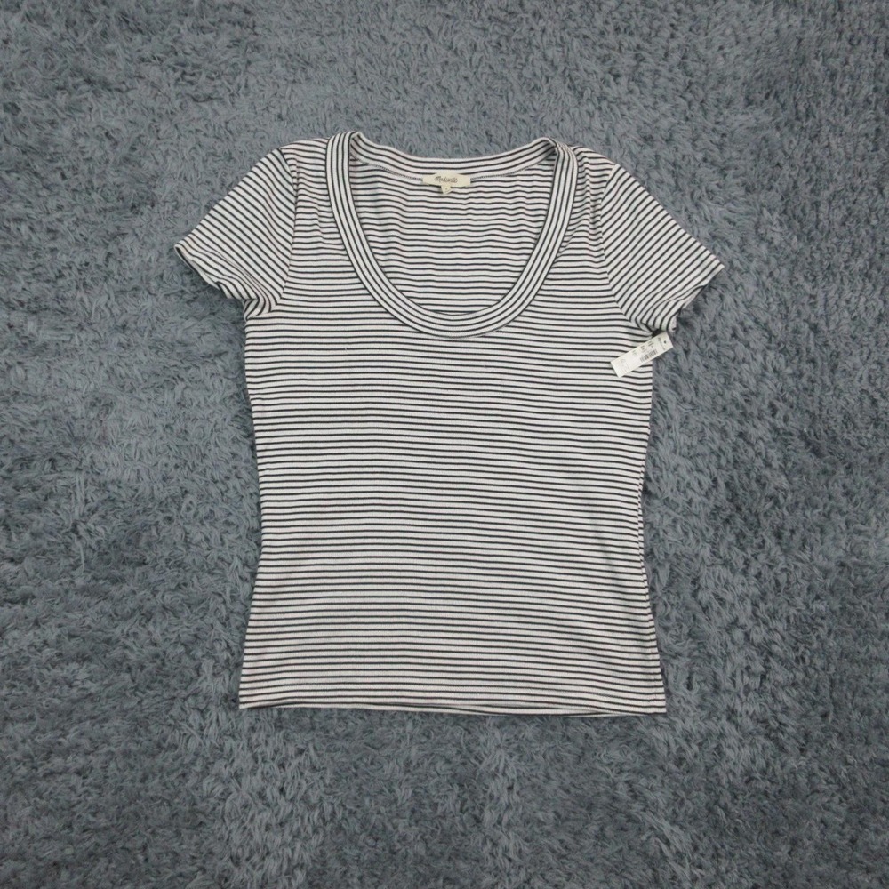 Madewell Shirt Womens Medium White Black Stripe Ribbed Stretch Scoop Neck NWT
